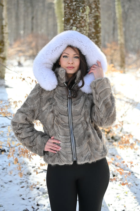 Bomber Jacket in Mink Pieces - White Fox Hood